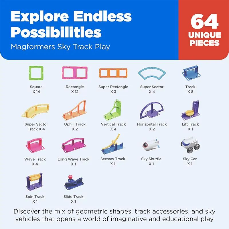 mytoys Magnetic Sky Track Building Blocks Playset (62 Pieces) – Monorail Track Set with Sky Shuttle Vehicle