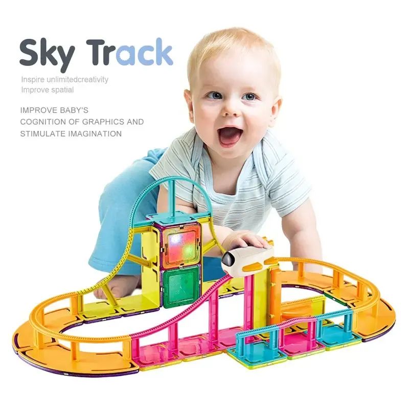 mytoys Magnetic Sky Track Building Blocks Playset (62 Pieces) – Monorail Track Set with Sky Shuttle Vehicle
