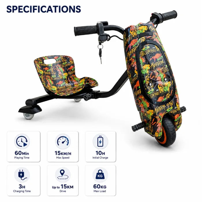 36V Electric Drift Scooter for Kids (Ages 4+) - 3-Speed Modes, 360° Rotating Tricycle, Bluetooth Music, Multicolor LED Lights, 250W Brushless Motor, Max Speed 15km/h, Includes Helmet & Safety Gears
