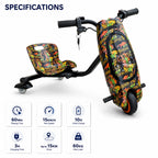 36V Electric Drift Scooter for Kids (Ages 4+) - 3-Speed Modes, 360° Rotating Tricycle, Bluetooth Music, Multicolor LED Lights, 250W Brushless Motor, Max Speed 15km/h, Includes Helmet & Safety Gears