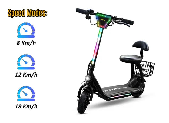 MT390 Kids Electric Kick Scooter with Seat - 18 km/h, 300W Motor, LED Lights, Bluetooth Speaker & Storage Basket