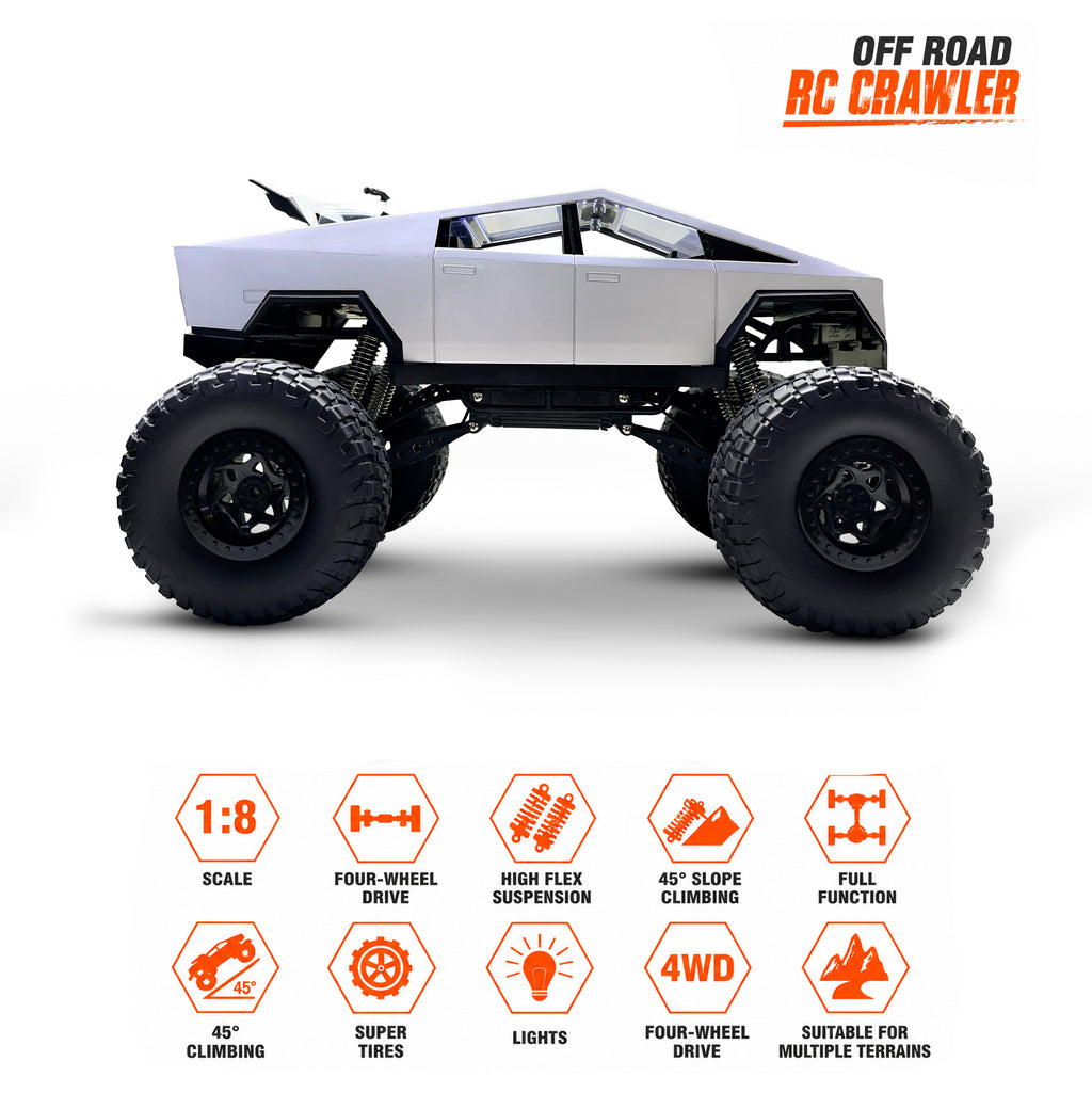 MYTOYS 1:8 Scale Tesla Cybertruck Monster RC Car – 4WD All-Terrain Off-Road Remote Control Truck with Metal Shell & LED Headlights (Silver)