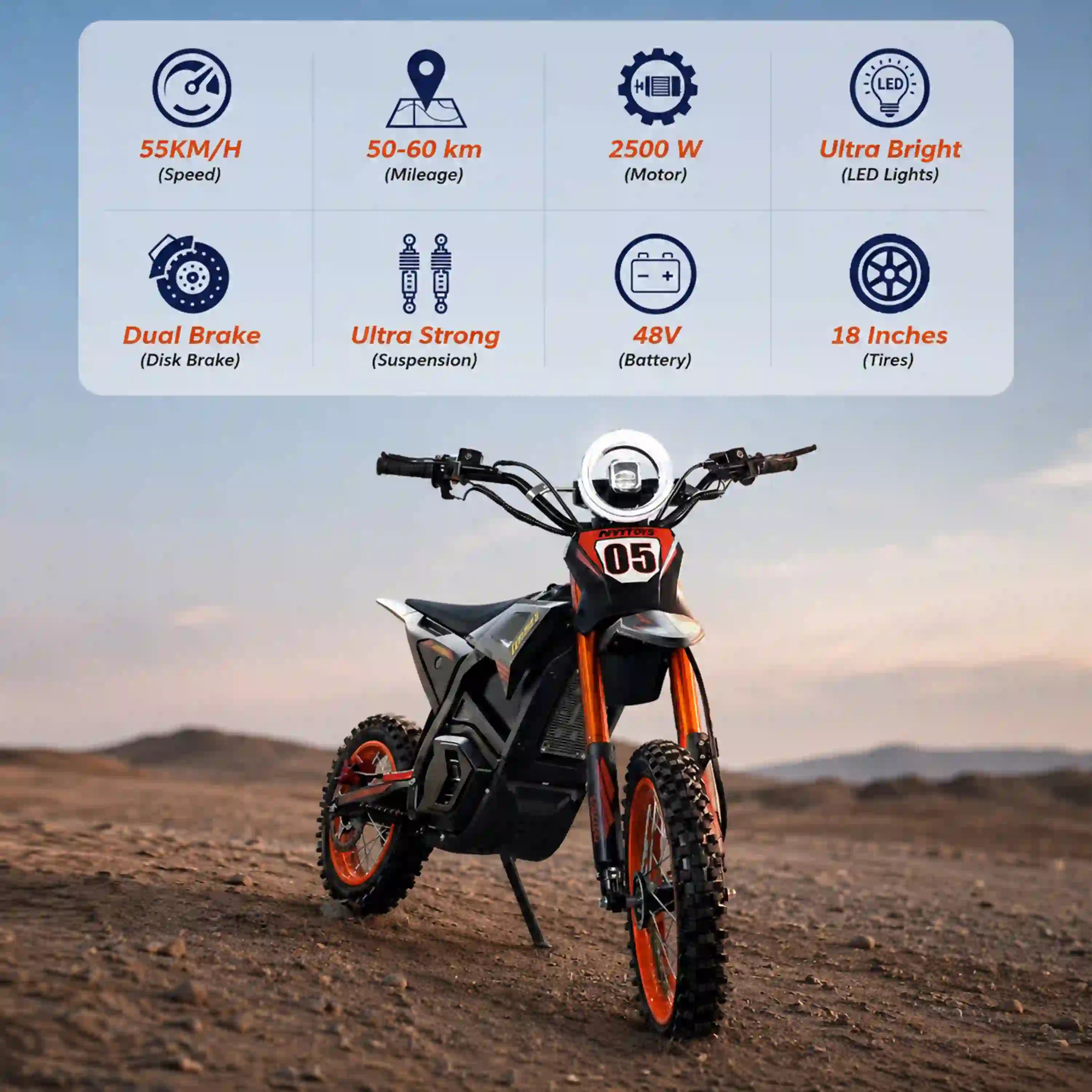 MT840 Electric Dirt Bike Scooter - 55km/h, 2500W, 48V Battery, 50–60km - Hydraulic Brakes, Off‑Road Design