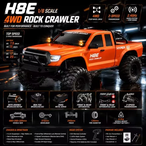MJX Hyper Go 1/8 Scale RC Rock Crawler H8E 4WD Brushless Off-Road Climbing Vehicle With 80A FOC ESC, 3970 2000KV Sensor-Driven Motor, 35KG High Torque Steering Servo And Remote Control Differential Lock 25km/h Ready-To-Run (RTR) - Orange
