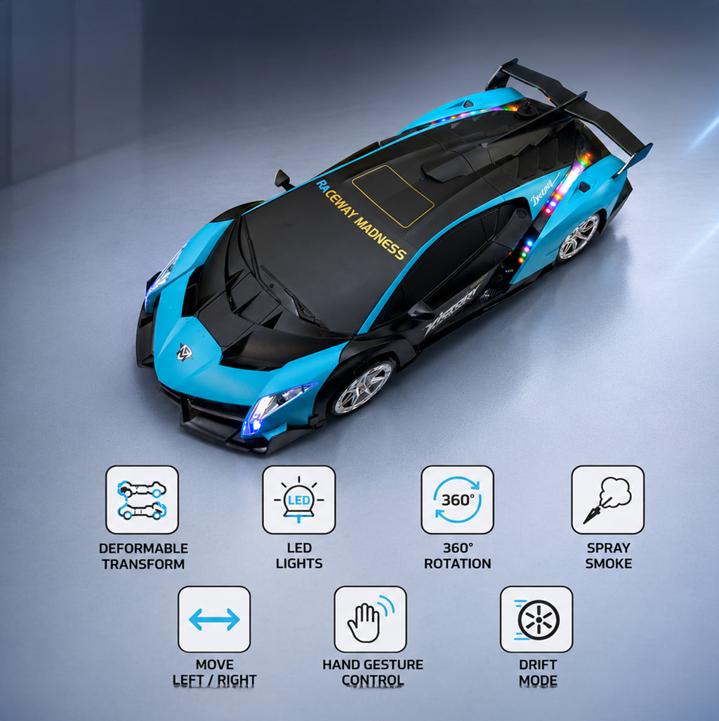 MYTOYS 2-in-1 Gesture Control Transforming RC Robot Car – 1:18 Scale Drift Stunt Vehicle with Mecanum Wheels, LED Lights & Smoke Spray