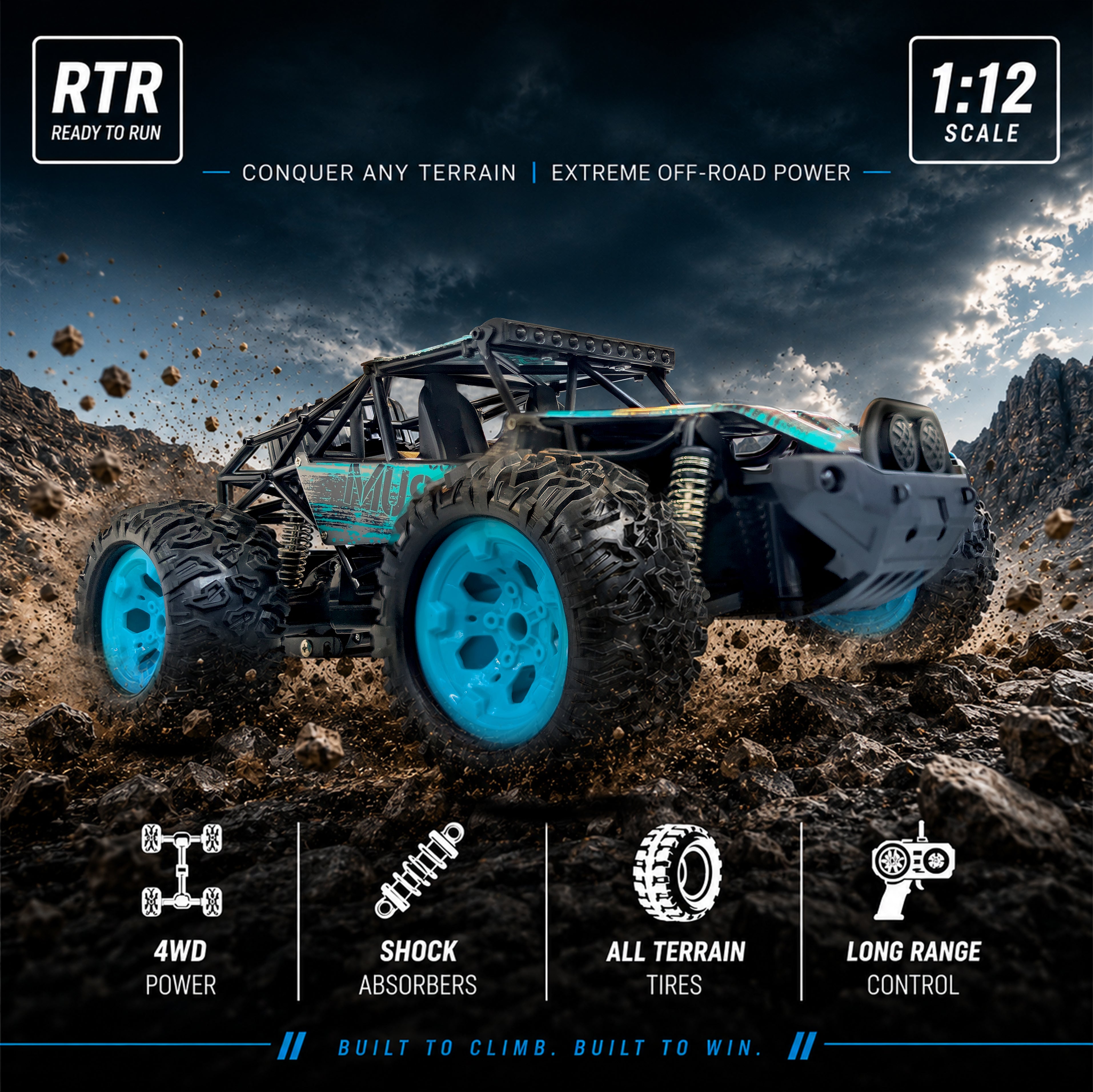 High‑Speed Die‑Cast Metal RC Rock Crawler Racing Car - 20 km/h, 2.4GHz, 4WD Off‑Road RC Car for Kids (4+)
