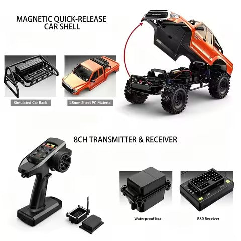 MJX Hyper Go 1/8 Scale RC Rock Crawler H8E 4WD Brushless Off-Road Climbing Vehicle With 80A FOC ESC, 3970 2000KV Sensor-Driven Motor, 35KG High Torque Steering Servo And Remote Control Differential Lock 25km/h Ready-To-Run (RTR) - Orange