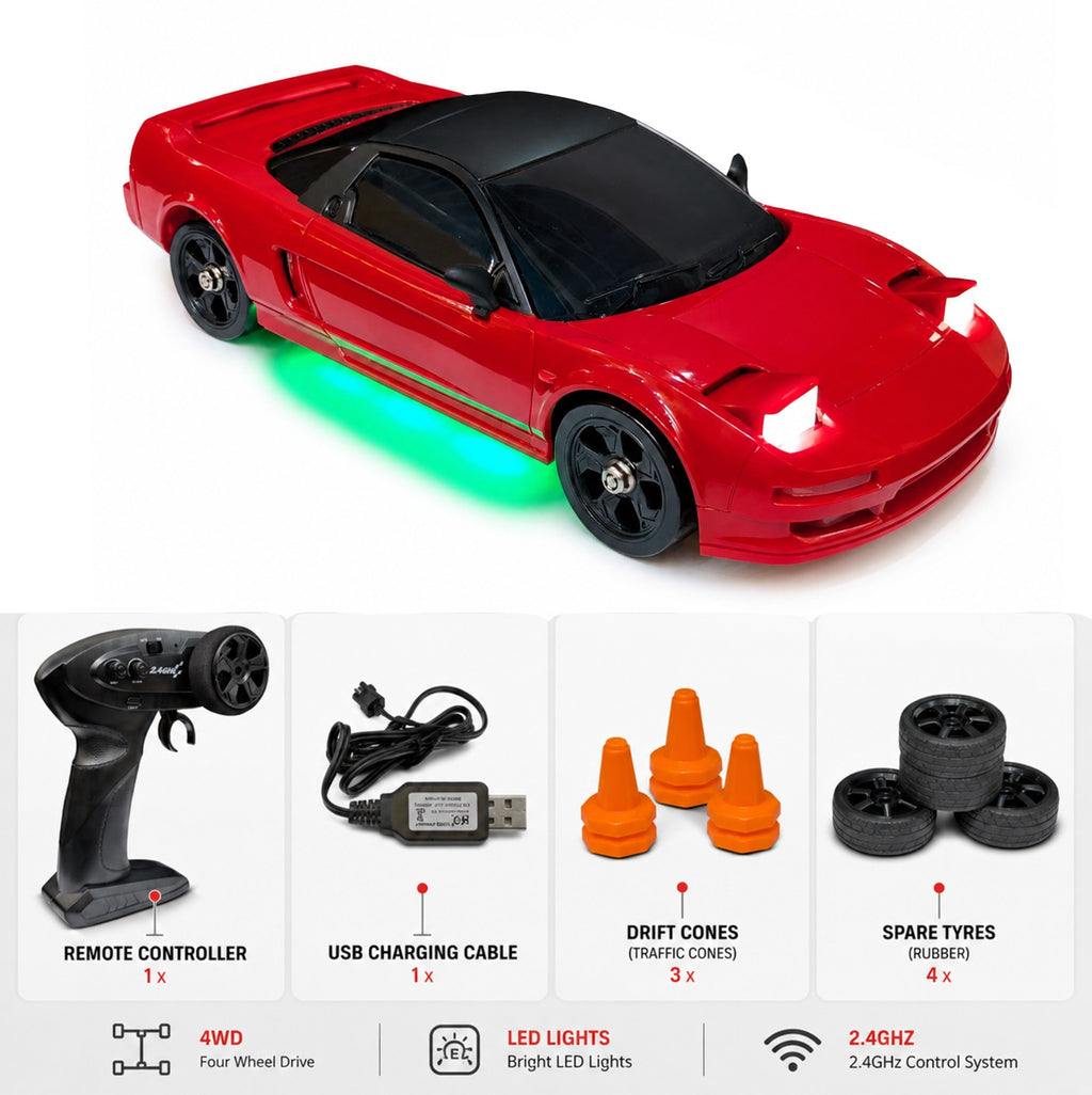 MYTOYS 1/18 4WD Drift RC Car – 2.4G High-Speed Racing Car with ESP Gyro, LED Lights & Interchangeable Wheels (RTR Ready-to-Run)