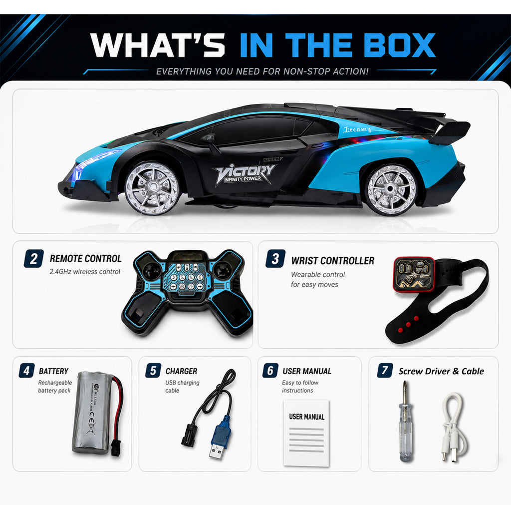 MYTOYS 2-in-1 Gesture Control Transforming RC Robot Car – 1:18 Scale Drift Stunt Vehicle with Mecanum Wheels, LED Lights & Smoke Spray