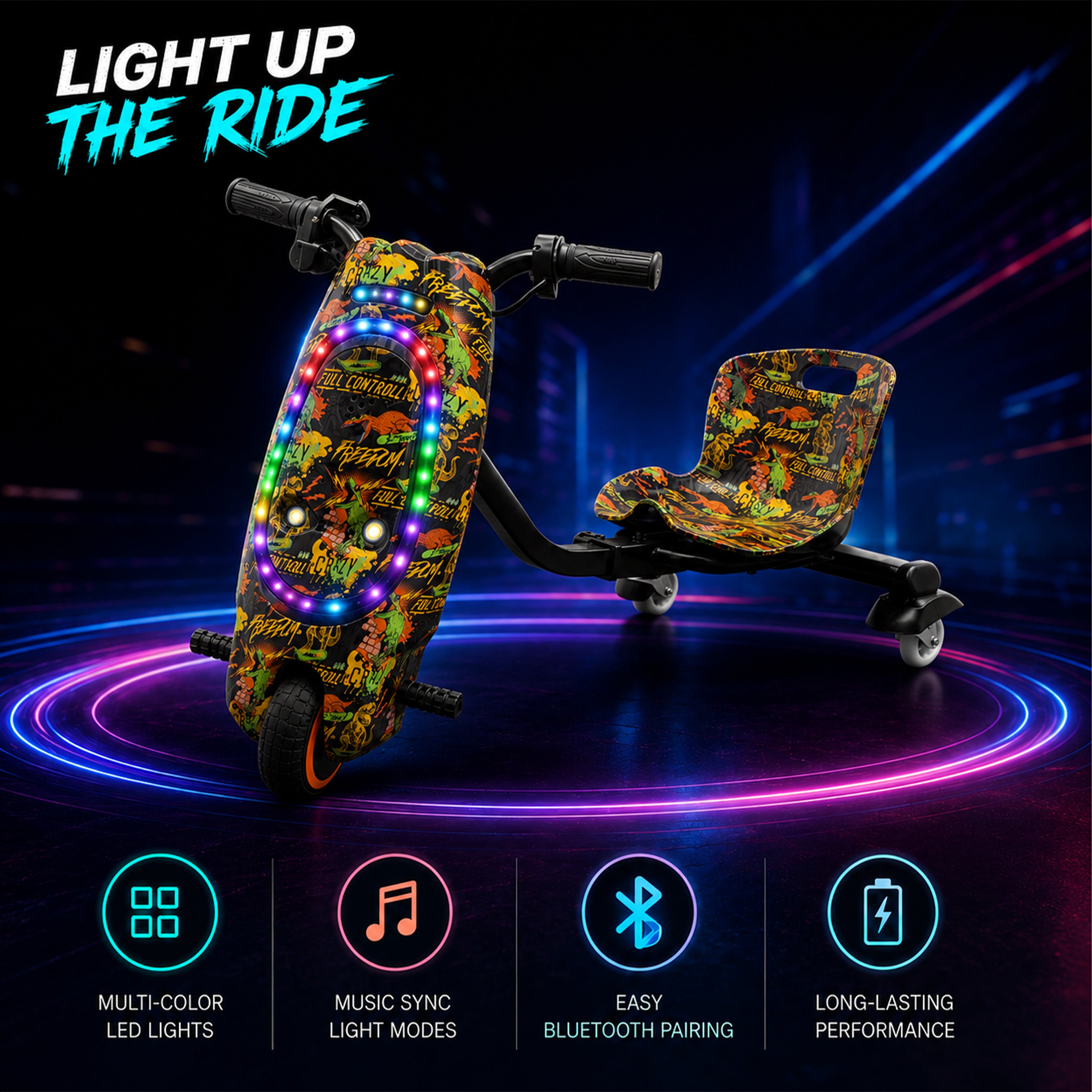 36V Electric Drift Scooter for Kids (Ages 4+) - 3-Speed Modes, 360° Rotating Tricycle, Bluetooth Music, Multicolor LED Lights, 250W Brushless Motor, Max Speed 15km/h, Includes Helmet & Safety Gears