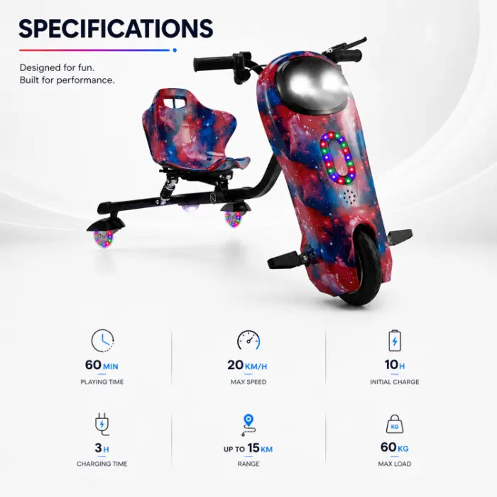 MT706 Drift Scooter – 3-Wheel, 20 km/h, 36V, Bluetooth Speaker, LED Lights & Safety Gear