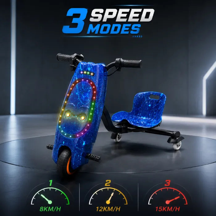 36V Electric Drift Scooter for Kids (Ages 4+) - 3-Speed Modes, 360° Rotating Tricycle, Bluetooth Music, Multicolor LED Lights, 250W Brushless Motor, Max Speed 15km/h, Includes Helmet & Safety Gears