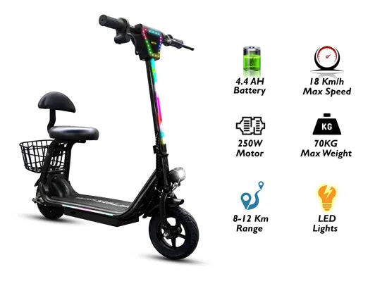 MT390 Kids Electric Kick Scooter with Seat - 18 km/h, 300W Motor, LED Lights, Bluetooth Speaker & Storage Basket