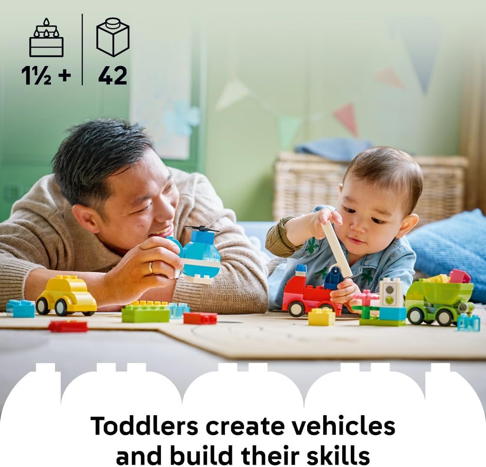 LEGO DUPLO Creative Vehicles 10474 – Montessori Learning Toy for 1+ Year Old Boys & Girls – Fine Motor Skills Development Vehicle Set (42 Bricks)
