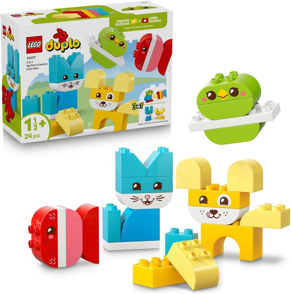LEGO DUPLO 10477 Creative Cute Pets 3-in-1 Set – 8 Buildable Animals – Montessori Learning Toy for Toddlers 18M+ (24 Pieces)