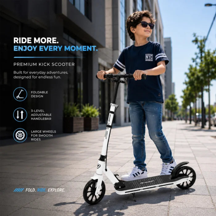 MYTOYS Premium Foldable Kick Scooter – Adjustable Height (90–100 cm), Big PU Wheels & Kickstand for Kids & Teens | White