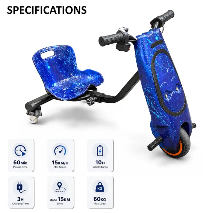 36V Electric Drift Scooter for Kids (Ages 4+) - 3-Speed Modes, 360° Rotating Tricycle, Bluetooth Music, Multicolor LED Lights, 250W Brushless Motor, Max Speed 15km/h, Includes Helmet & Safety Gears