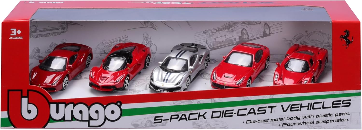 Bburago Official Ferrari 1:64 Scale Die-Cast Model Cars Gift Pack – Authentic 5-Piece Collectible Miniature Toy Vehicle Set for Kids & Adult Enthusiasts