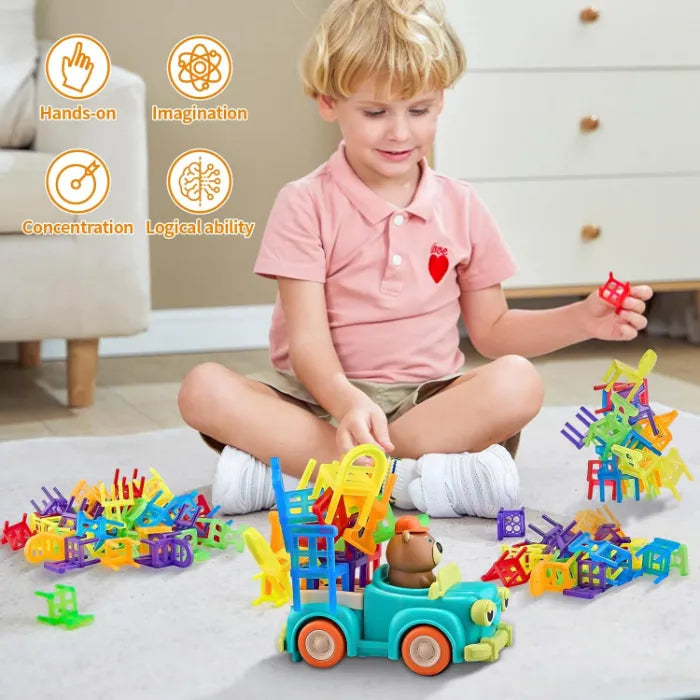 MYToys Electric Truck Toy, 48 Stacking Chairs, Yellow Animal Theme Bear Pickup Car, Montessori Educational Color Recognition Stacking Game, Toddlers and Kids Age 3+