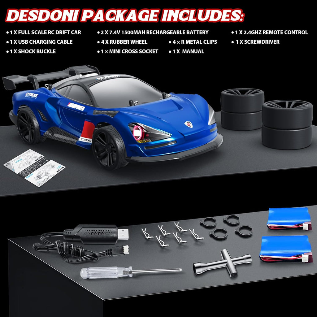 MY TOYS 1/16 RC Drift Car 4WD – 38KM/H High-Speed Remote Control Car with 6 LED Light Modes, 1 Battery & Dual Tire Sets (Racing & Drifting) for Kids & Adults