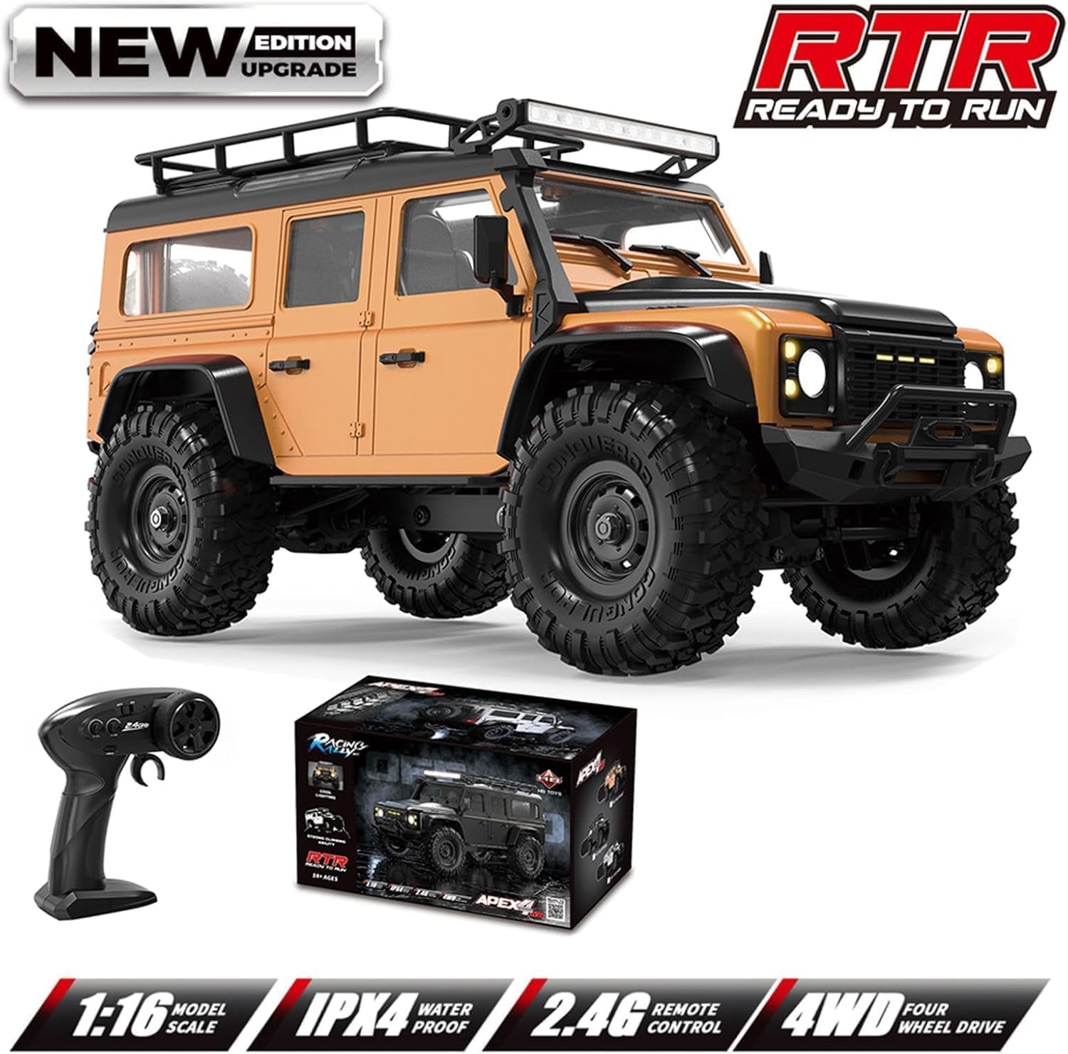 MY TOYS 1/16 Scale RC Crawler – 4WD Off-Road Remote Control Truck with LED Roof Lights, All-Terrain 4x4 Crawler for Adults & Kids, Water-Resistant High-Torque Speed Model with 7.4V Rechargeable Battery