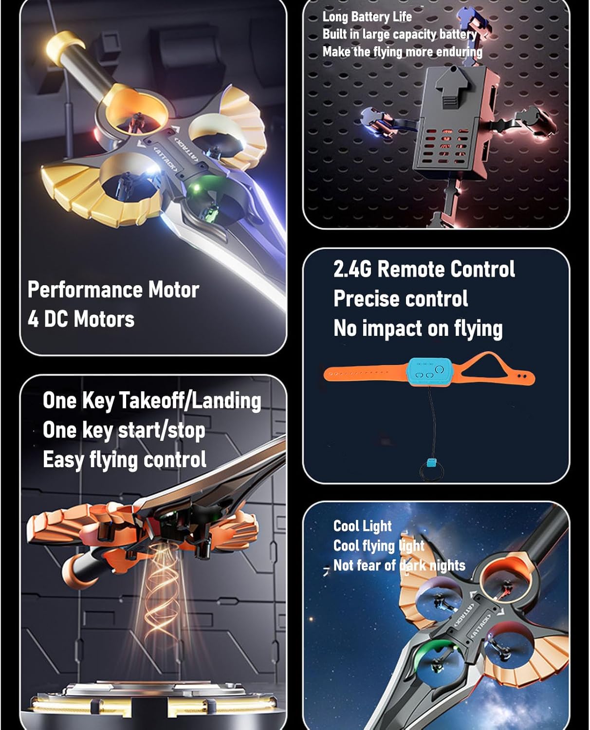 MYTOYS Flying Sword RC Drone – Futuristic Dual-Control Sword Quadcopter with Gesture & Remote Control