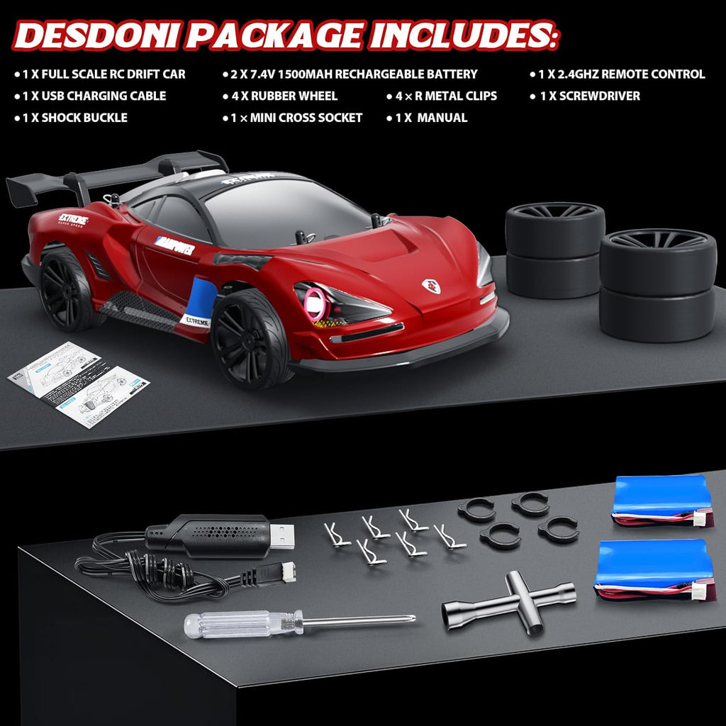 MY TOYS 1/16 RC Drift Car 4WD – 38KM/H High-Speed Remote Control Car with 6 LED Light Modes, 1 Battery & Dual Tire Sets (Racing & Drifting) for Kids & Adults