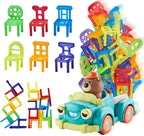 MYToys Electric Truck Toy, 48 Stacking Chairs, Yellow Animal Theme Bear Pickup Car, Montessori Educational Color Recognition Stacking Game, Toddlers and Kids Age 3+
