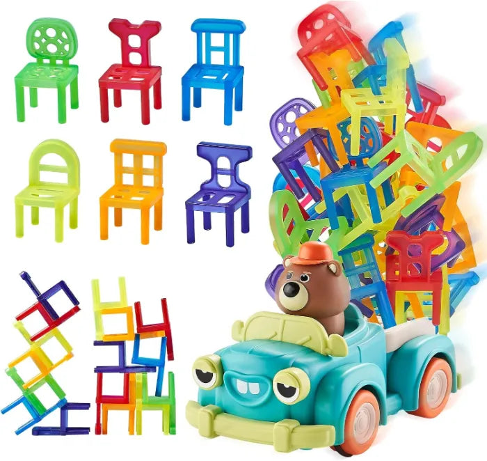 MYToys Electric Truck Toy, 48 Stacking Chairs, Yellow Animal Theme Bear Pickup Car, Montessori Educational Color Recognition Stacking Game, Toddlers and Kids Age 3+