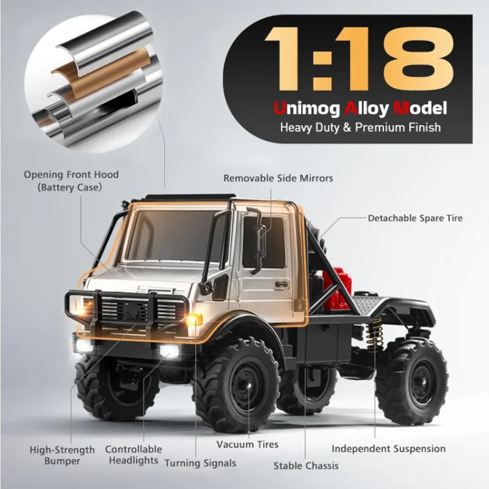 MN-333 1:18 Scale Off-Road RC Unimog Crawler — 4WD, Metal Alloy Body RC Truck, 2-Speed, LED Lights (RTR)