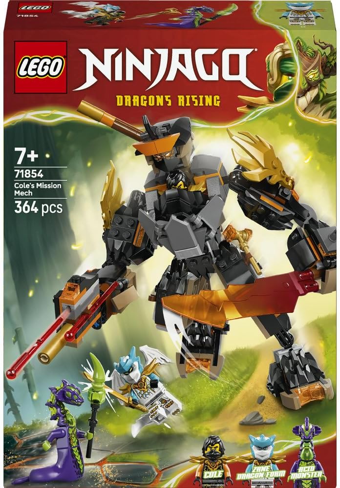 LEGO NINJAGO Dragons Rising: Cole’s Mission Mech vs. Acid Monster – 3-Minifigure Battle Set with Spring-Loaded Blaste