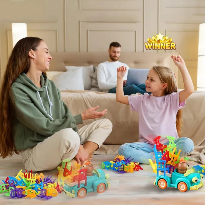 MYToys Electric Truck Toy, 48 Stacking Chairs, Yellow Animal Theme Bear Pickup Car, Montessori Educational Color Recognition Stacking Game, Toddlers and Kids Age 3+