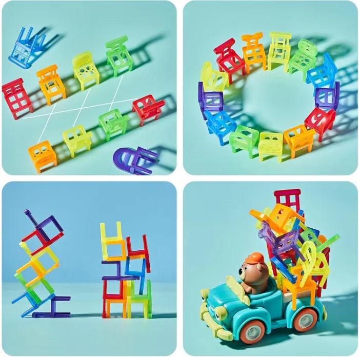MYToys Electric Truck Toy, 48 Stacking Chairs, Yellow Animal Theme Bear Pickup Car, Montessori Educational Color Recognition Stacking Game, Toddlers and Kids Age 3+