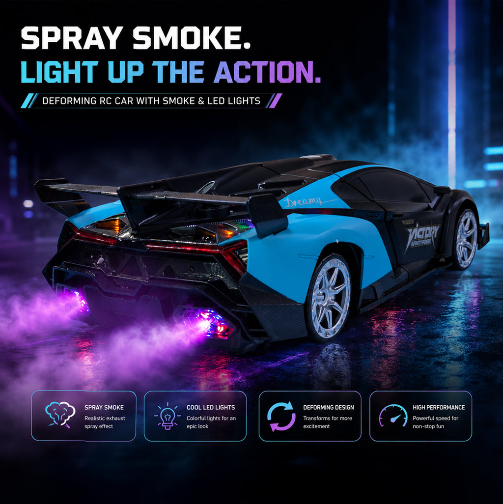 MYTOYS 2-in-1 Gesture Control Transforming RC Robot Car – 1:18 Scale Drift Stunt Vehicle with Mecanum Wheels, LED Lights & Smoke Spray
