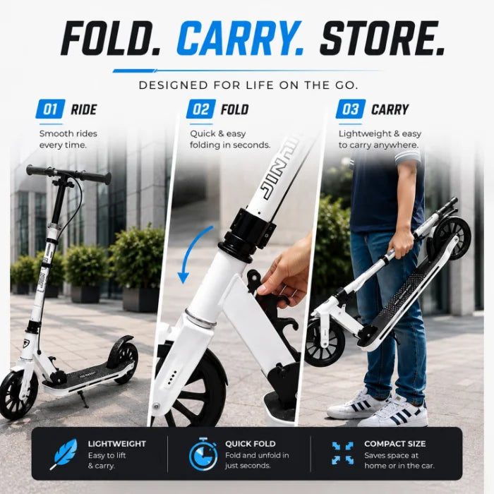 MYTOYS Premium Foldable Kick Scooter – Adjustable Height (90–100 cm), Big PU Wheels & Kickstand for Kids & Teens | White