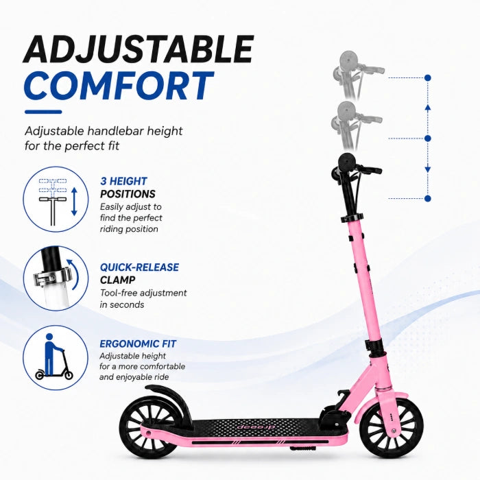MYTOYS Premium Foldable Kick Scooter – Adjustable Height (90–100 cm), Big PU Wheels & Kickstand for Kids & Teens | White