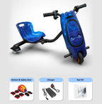 36V Electric Drift Scooter for Kids (Ages 4+) - 3-Speed Modes, 360° Rotating Tricycle, Bluetooth Music, Multicolor LED Lights, 250W Brushless Motor, Max Speed 15km/h, Includes Helmet & Safety Gears