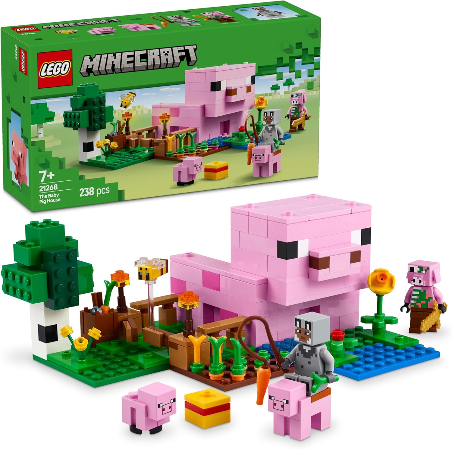 LEGO Minecraft 21268 The Baby Pig House (238 Pieces) – Farm Animal Building Set with Wolf Skin Hero & Zombified Piglin – Gift for Kids 7+ Years