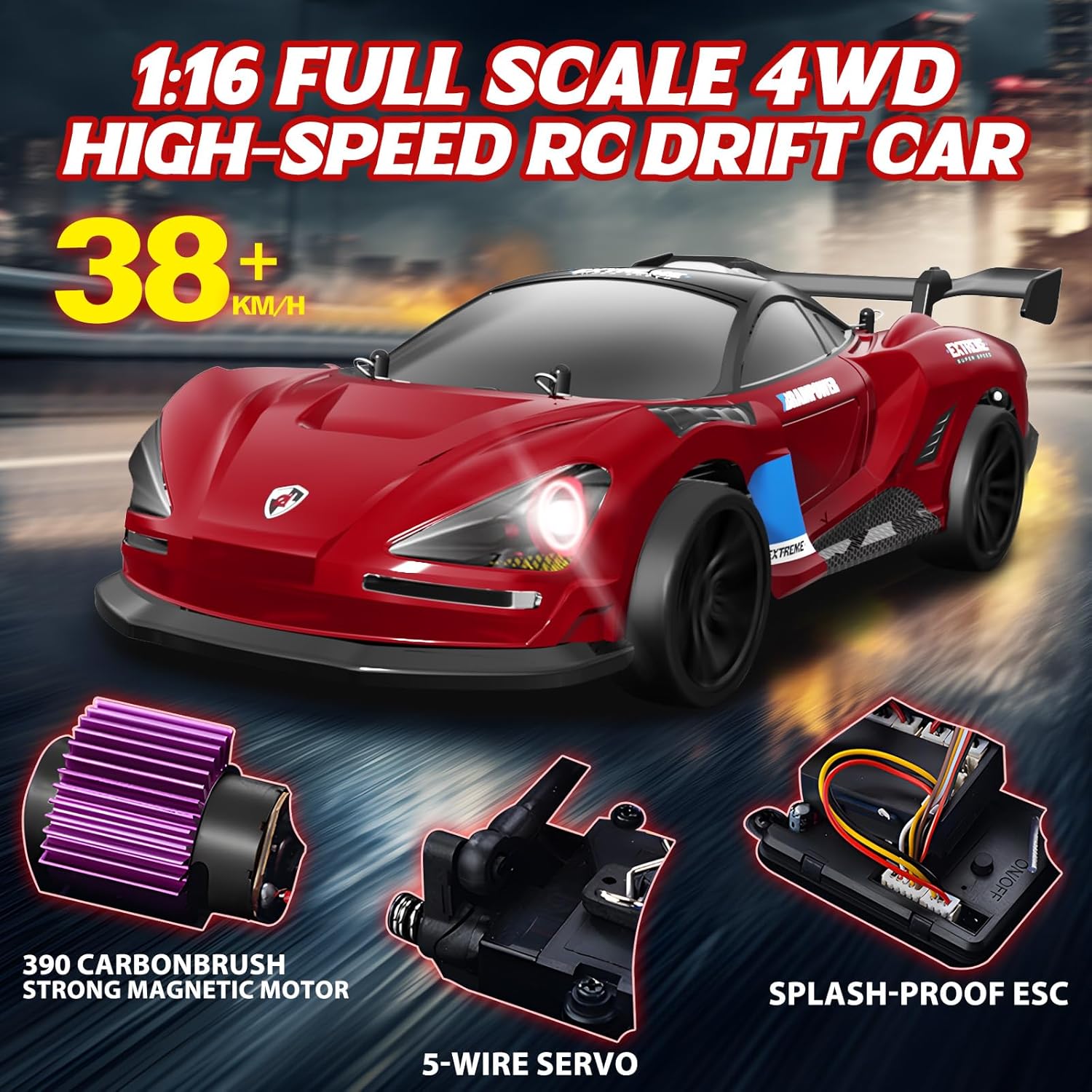 MY TOYS 1/16 RC Drift Car 4WD – 38KM/H High-Speed Remote Control Car with 6 LED Light Modes, 1 Battery & Dual Tire Sets (Racing & Drifting) for Kids & Adults