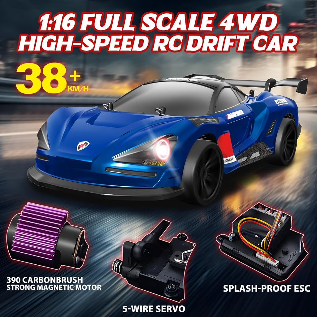 MY TOYS 1/16 RC Drift Car 4WD – 38KM/H High-Speed Remote Control Car with 6 LED Light Modes, 1 Battery & Dual Tire Sets (Racing & Drifting) for Kids & Adults