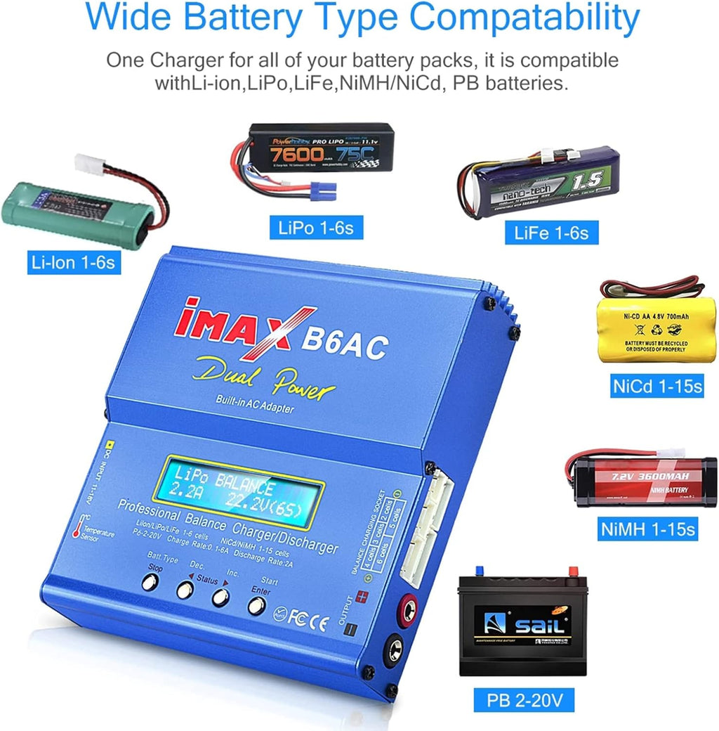 iMAX B6 AC 80W Smart Balance Lipo Battery Charger & Discharger | Universal Digital LCD Screen Charging Station for 1S-6S LiPo, LiFe, NiMH, NiCd & Pb Batteries for Hobby RC Vehicles, Drones & Packs