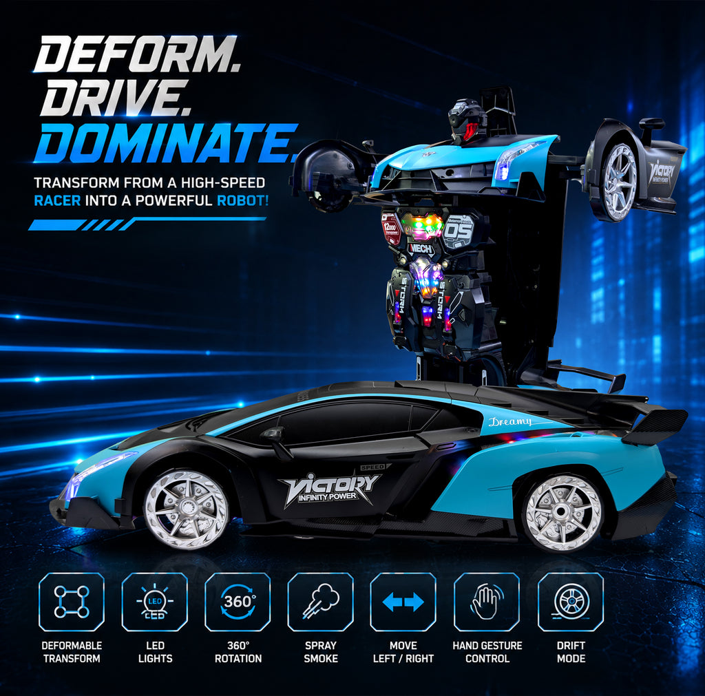 MYTOYS 2-in-1 Gesture Control Transforming RC Robot Car – 1:18 Scale Drift Stunt Vehicle with Mecanum Wheels, LED Lights & Smoke Spray