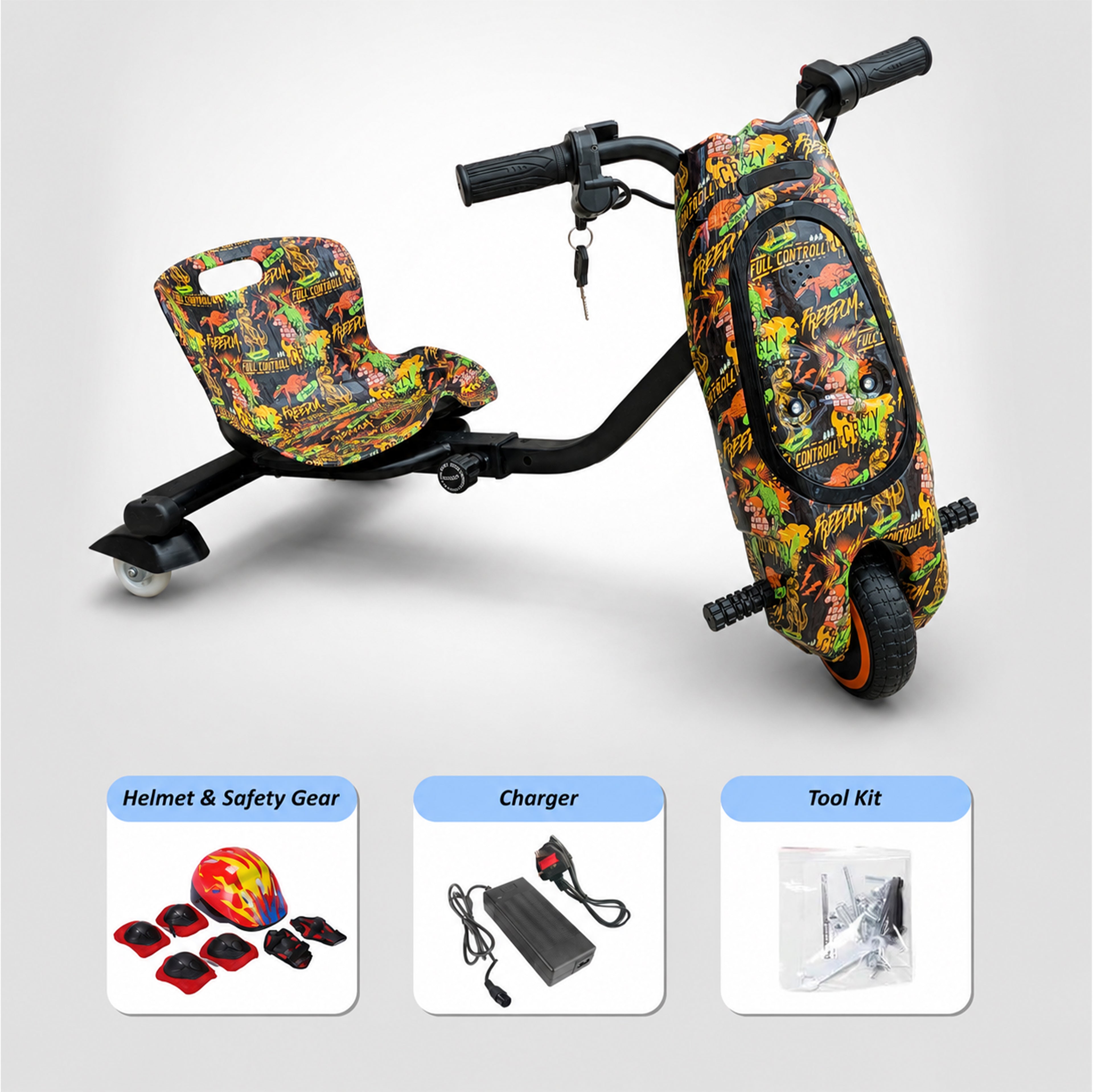 36V Electric Drift Scooter for Kids (Ages 4+) - 3-Speed Modes, 360° Rotating Tricycle, Bluetooth Music, Multicolor LED Lights, 250W Brushless Motor, Max Speed 15km/h, Includes Helmet & Safety Gears