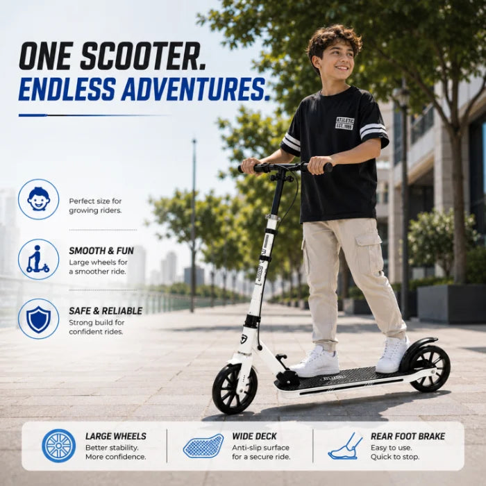 MYTOYS Premium Foldable Kick Scooter – Adjustable Height (90–100 cm), Big PU Wheels & Kickstand for Kids & Teens | White