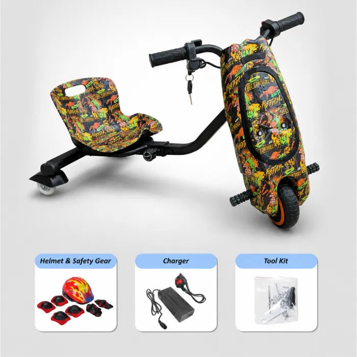 36V Electric Drift Scooter for Kids (Ages 4+) - 3-Speed Modes, 360° Rotating Tricycle, Bluetooth Music, Multicolor LED Lights, 250W Brushless Motor, Max Speed 15km/h, Includes Helmet & Safety Gears