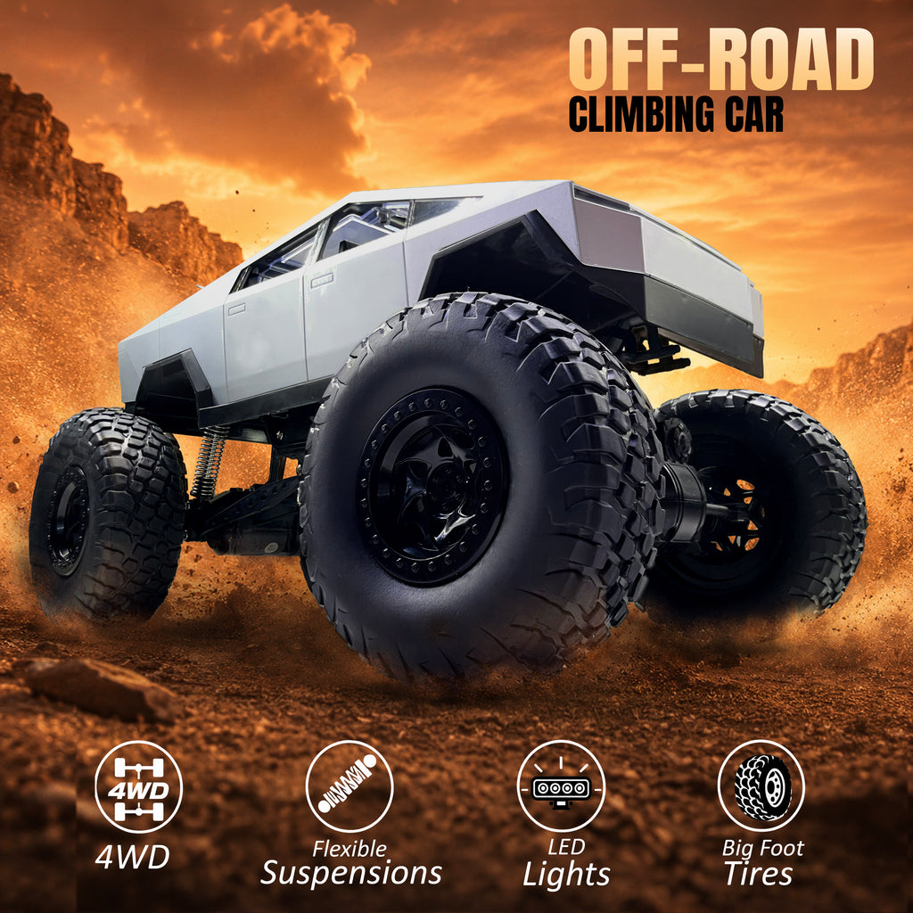 MYTOYS 1:8 Scale Tesla Cybertruck Monster RC Car – 4WD All-Terrain Off-Road Remote Control Truck with Metal Shell & LED Headlights (Silver)