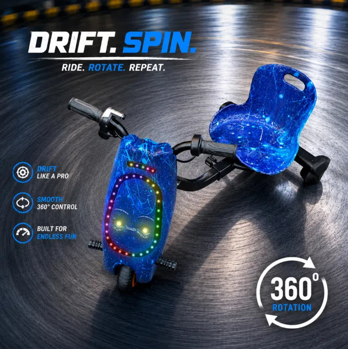 36V Electric Drift Scooter for Kids (Ages 4+) - 3-Speed Modes, 360° Rotating Tricycle, Bluetooth Music, Multicolor LED Lights, 250W Brushless Motor, Max Speed 15km/h, Includes Helmet & Safety Gears