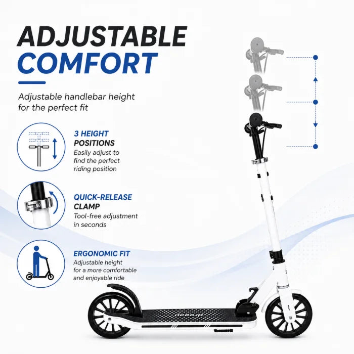 MYTOYS Premium Foldable Kick Scooter – Adjustable Height (90–100 cm), Big PU Wheels & Kickstand for Kids & Teens | White