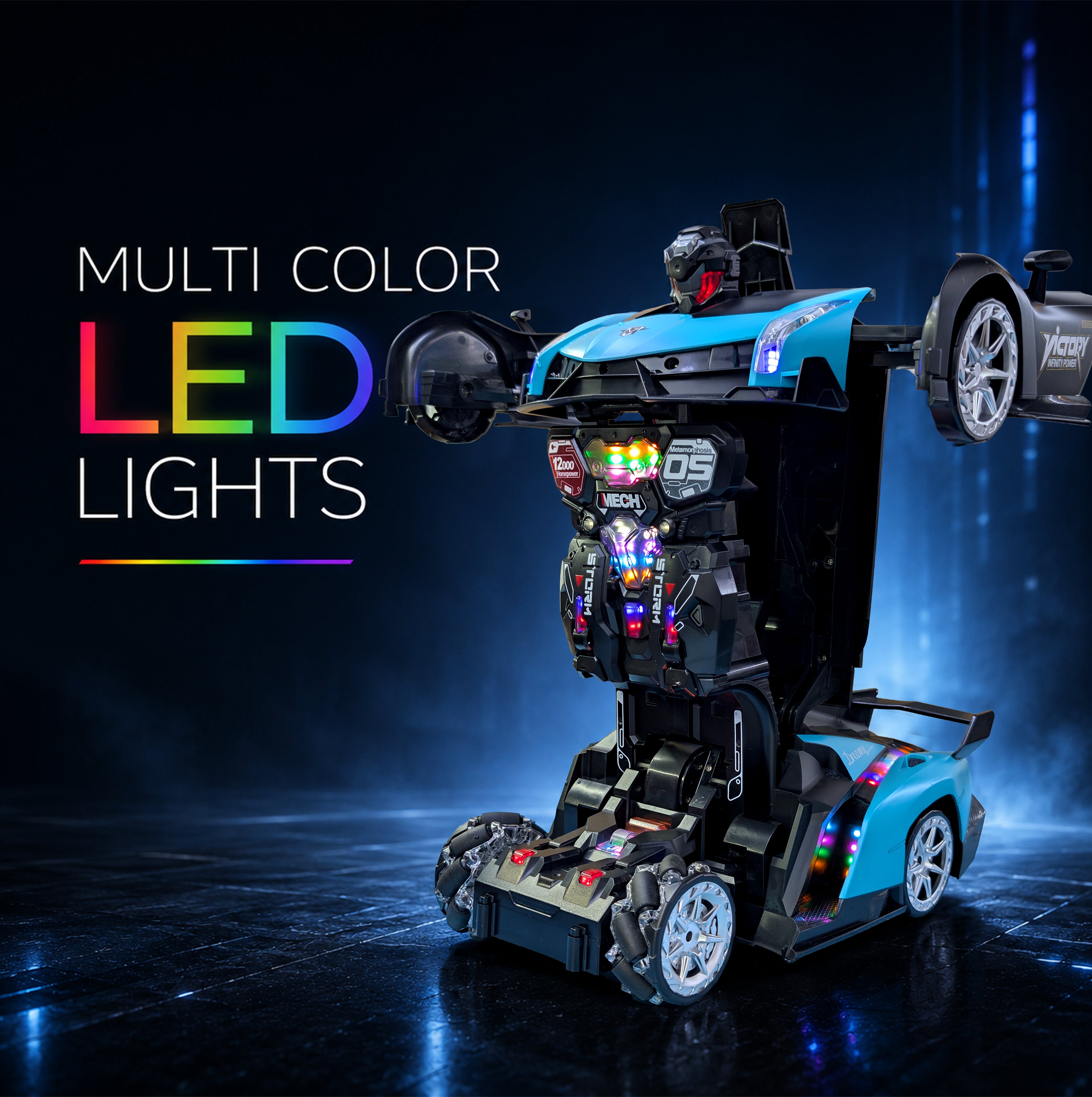 MYTOYS 2-in-1 Gesture Control Transforming RC Robot Car – 1:18 Scale Drift Stunt Vehicle with Mecanum Wheels, LED Lights & Smoke Spray