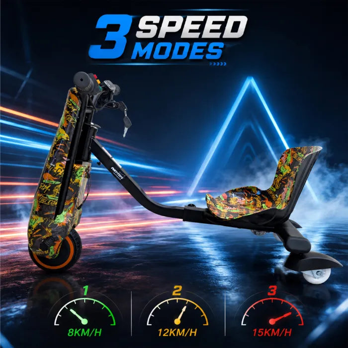 36V Electric Drift Scooter for Kids (Ages 4+) - 3-Speed Modes, 360° Rotating Tricycle, Bluetooth Music, Multicolor LED Lights, 250W Brushless Motor, Max Speed 15km/h, Includes Helmet & Safety Gears